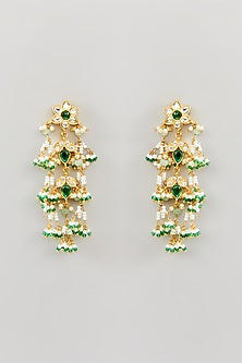 Gold Finish Kundan Polki & Green Drop Dangler Earrings