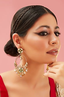Gold Finish Green Kundan Polki & Pearl Dangler Earrings