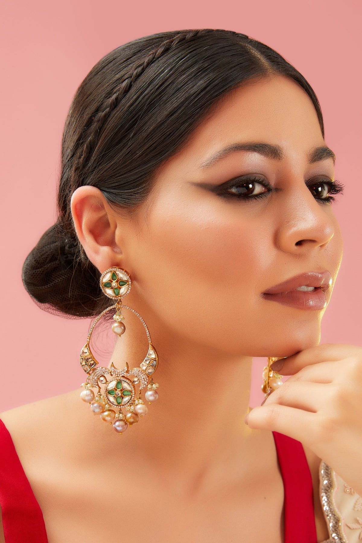 Gold Finish Green Kundan Polki & Pearl Dangler Earrings