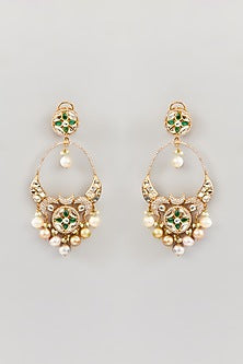 Gold Finish Green Kundan Polki & Pearl Dangler Earrings