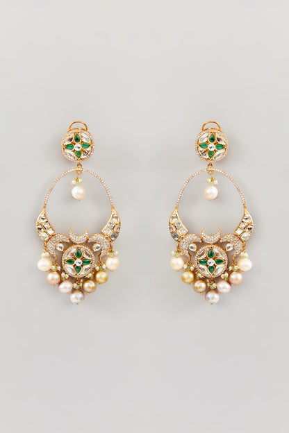 Gold Finish Green Kundan Polki & Pearl Dangler Earrings