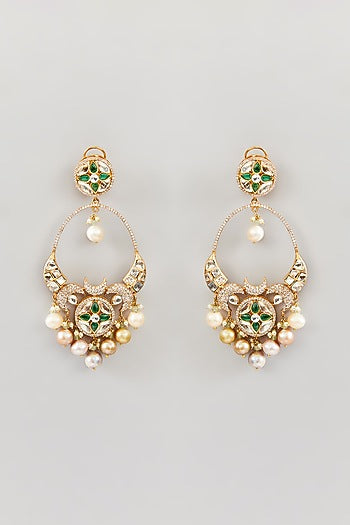 Gold Finish Green Kundan Polki & Pearl Dangler Earrings