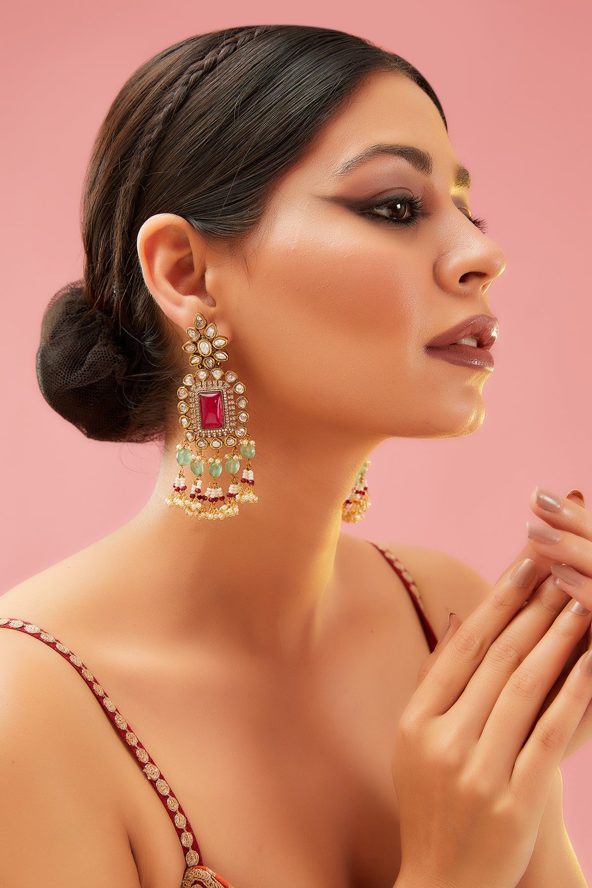 Gold Finish Kundan Polki & Green Drop Dangler Earrings
