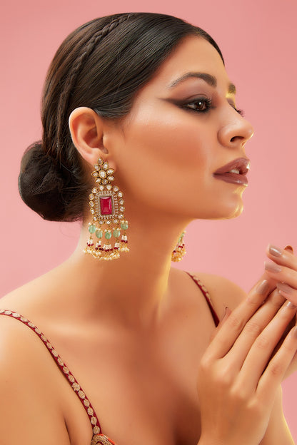 Gold Finish Kundan Polki & Green Drop Dangler Earrings