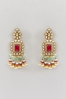 Gold Finish Kundan Polki & Green Drop Dangler Earrings