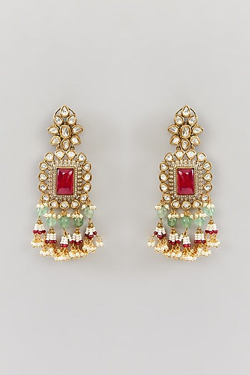Gold Finish Kundan Polki & Green Drop Dangler Earrings