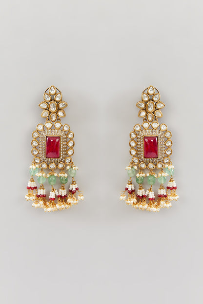 Gold Finish Kundan Polki & Green Drop Dangler Earrings