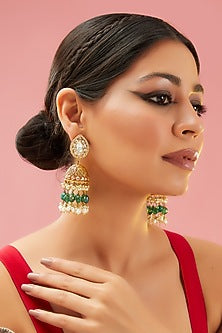 Gold Finish Kundan Polki & Pearl Jhumka Earrings