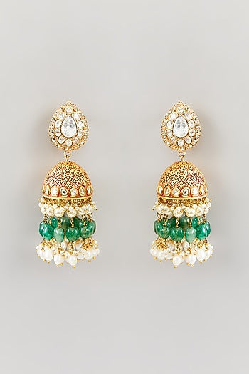 Gold Finish Kundan Polki & Pearl Jhumka Earrings