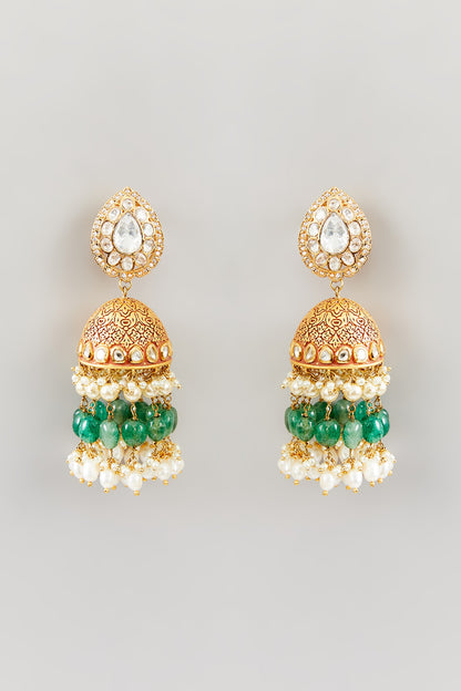 Gold Finish Kundan Polki & Pearl Jhumka Earrings