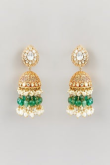 Gold Finish Kundan Polki & Pearl Jhumka Earrings