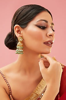 Gold Finish Kundan Polki & Pearl Jhumka Earrings