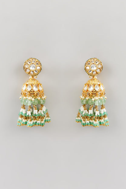 Gold Finish Kundan Polki & Pearl Jhumka Earrings