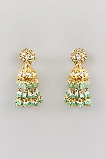 Gold Finish Kundan Polki & Pearl Jhumka Earrings