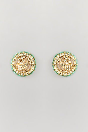 Gold Finish Green Kundan Polki Stud Earrings