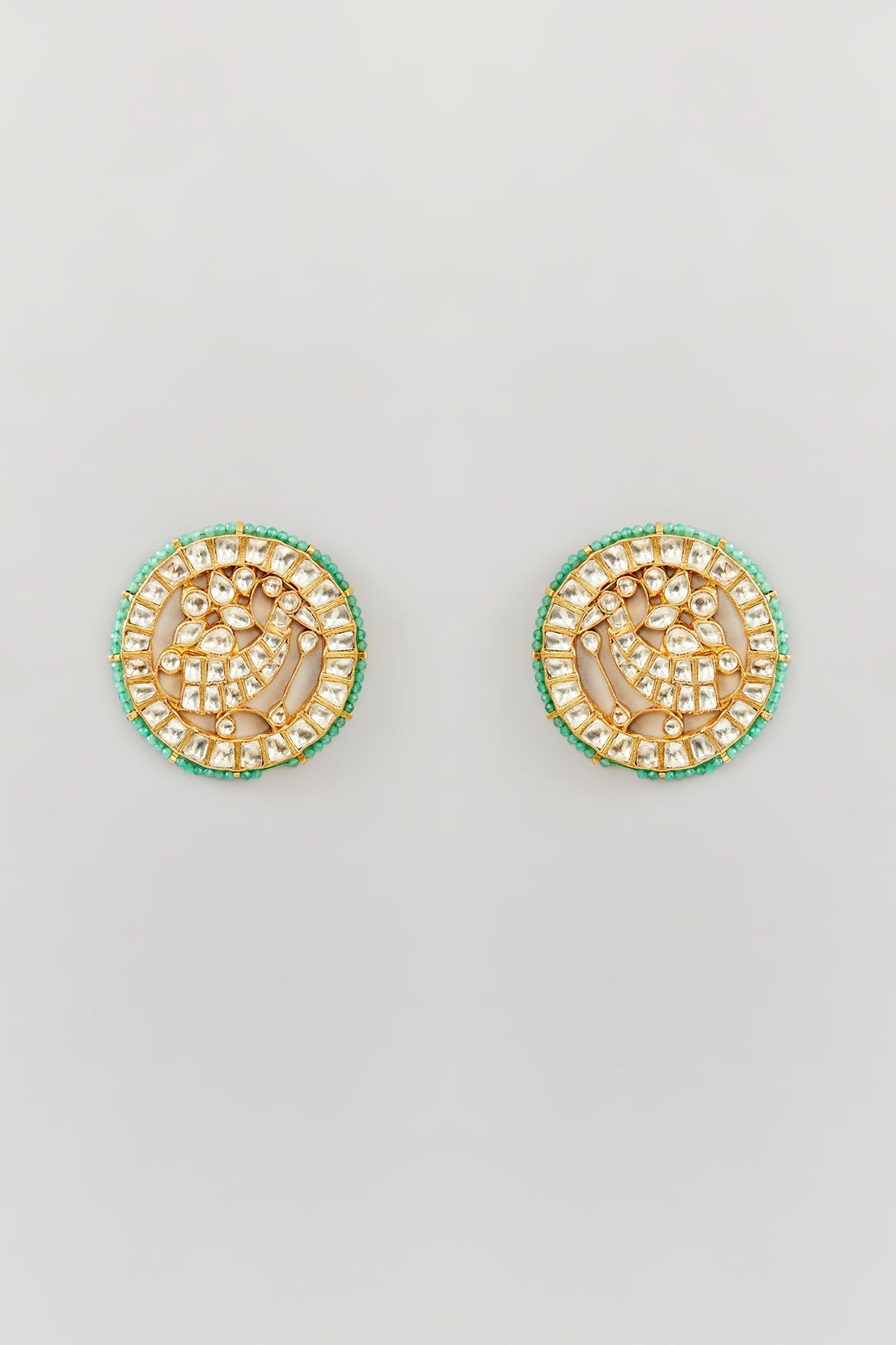 Gold Finish Green Kundan Polki Stud Earrings