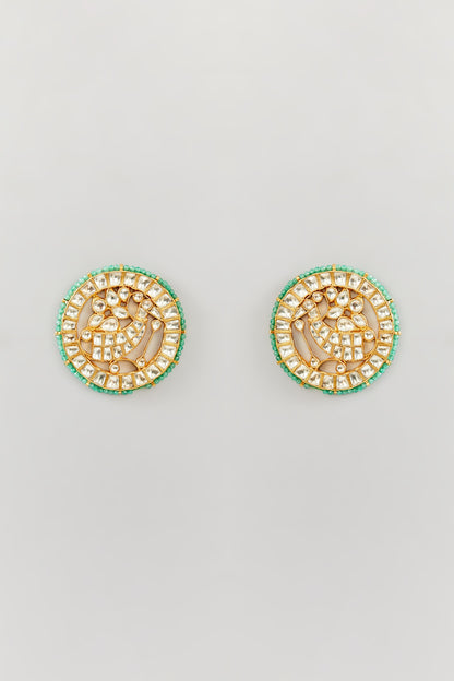 Gold Finish Green Kundan Polki Stud Earrings
