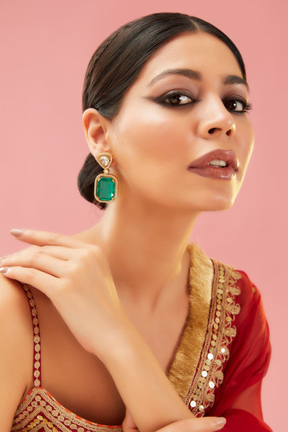 Gold Finish Green Kundan Polki Dangler Earrings