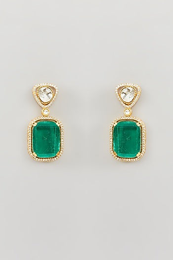 Gold Finish Green Kundan Polki Dangler Earrings