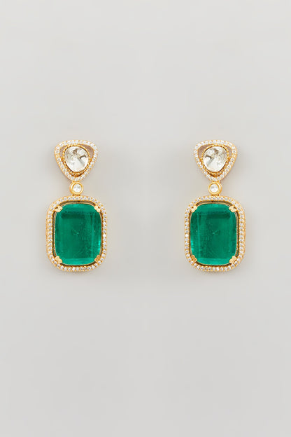 Gold Finish Green Kundan Polki Dangler Earrings