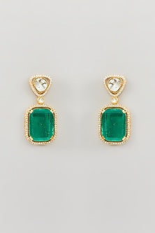 Gold Finish Green Kundan Polki Dangler Earrings
