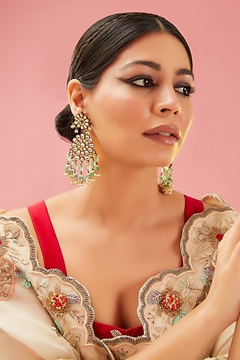 Gold Finish Kundan Polki & Pearl Dangler Earrings