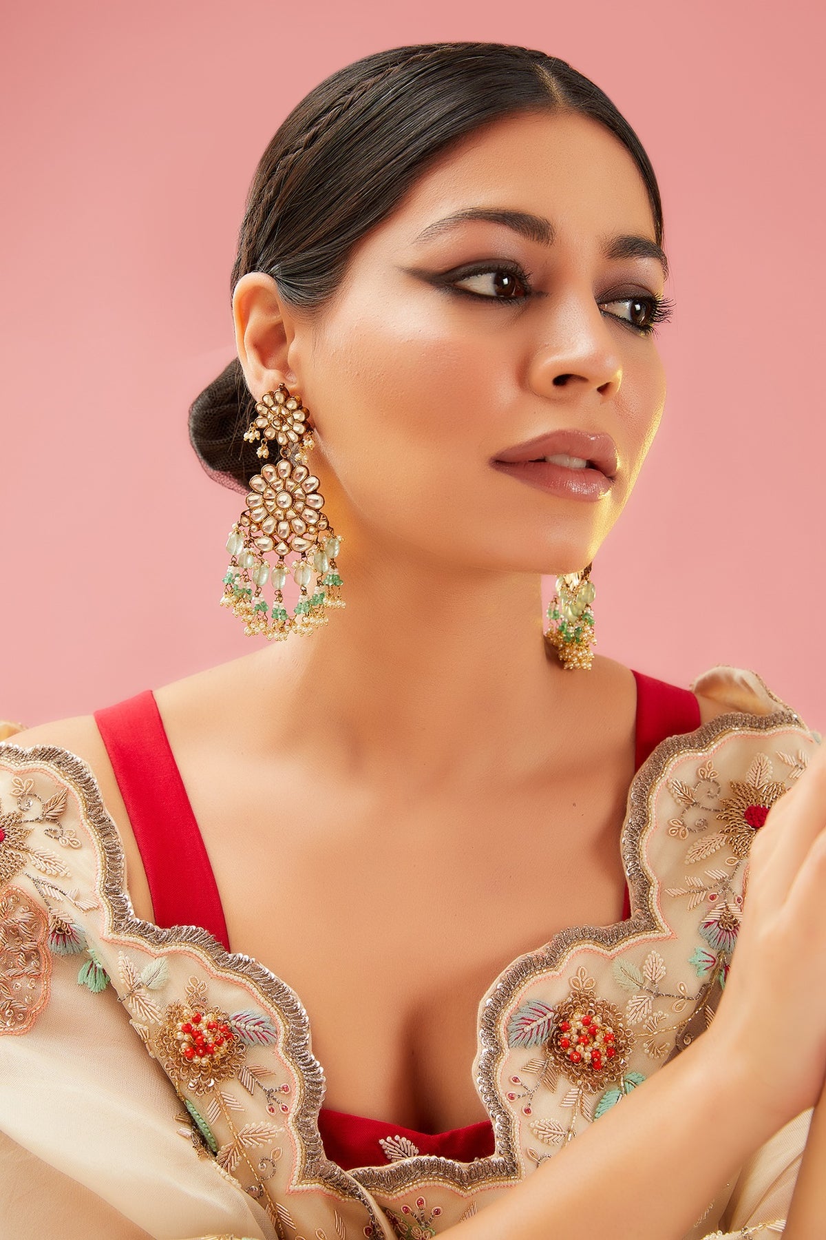 Gold Finish Kundan Polki & Pearl Dangler Earrings