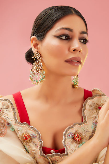 Gold Finish Kundan Polki & Pearl Dangler Earrings