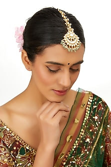 Gold Finish Kundan Polki & Green Onyx Maangtikka
