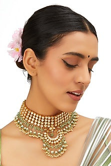 Gold Finish Kundan Polki & Green Onyx Choker Necklace