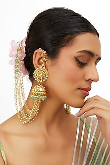 Gold Finish Kundan Polki & Pearl Jhumka Earrings