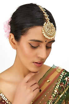 Gold Finish Kundan Polki & Pearl Drop Maangtikka