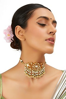 Gold Finish Kundan Polki & Green Onyx Choker Necklace