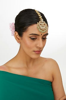 Gold Finish Kundan Polki & Green Onyx Maangtikka