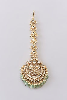 Gold Finish Kundan Polki & Green Onyx Maangtikka