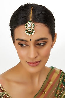 Gold Finish Kundan Polki & Pearl Meenakari Maangtikka