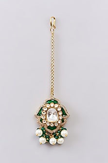 Gold Finish Kundan Polki & Pearl Meenakari Maangtikka