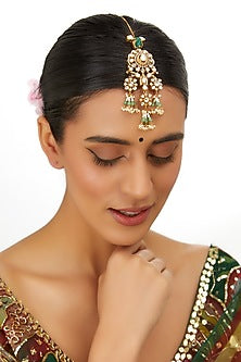 Gold Finish Kundan Polki & Green Drop Maangtikka