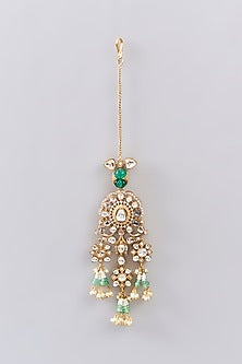 Gold Finish Kundan Polki & Green Drop Maangtikka