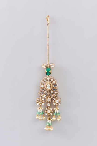 Gold Finish Kundan Polki & Green Drop Maangtikka