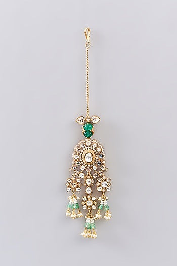 Gold Finish Kundan Polki & Green Drop Maangtikka