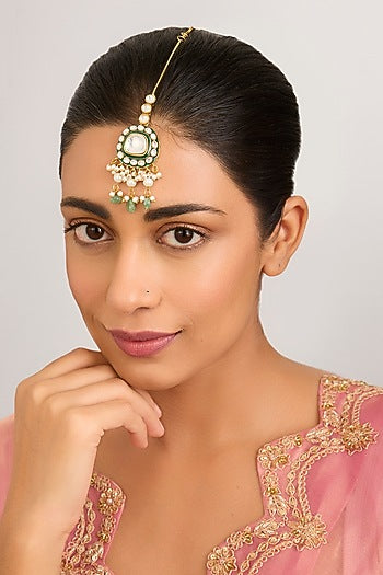 Gold Finish Kundan Polki & Green Stone Maangtikka