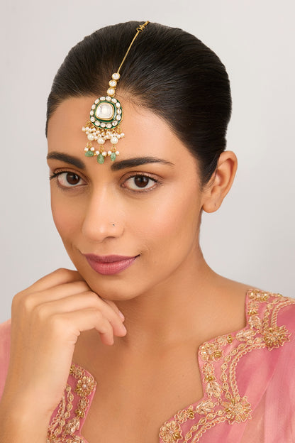 Gold Finish Kundan Polki & Green Stone Maangtikka