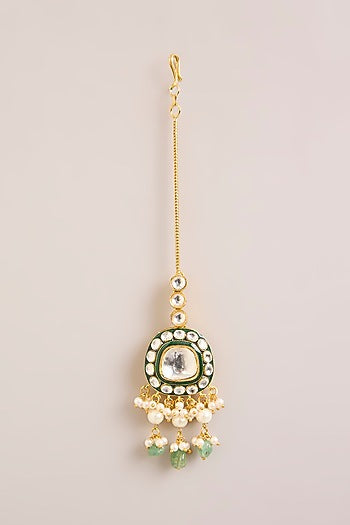 Gold Finish Kundan Polki & Green Stone Maangtikka