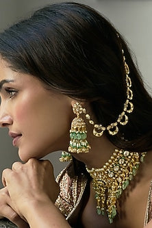 Gold Finish Green Onyx & Pearl Jhumka Earrings