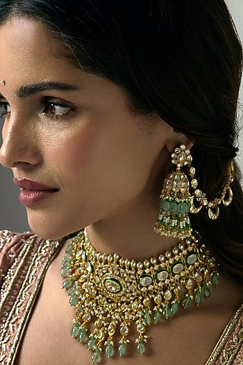 Gold Finish Green Onyx & Pearl Jhumka Earrings