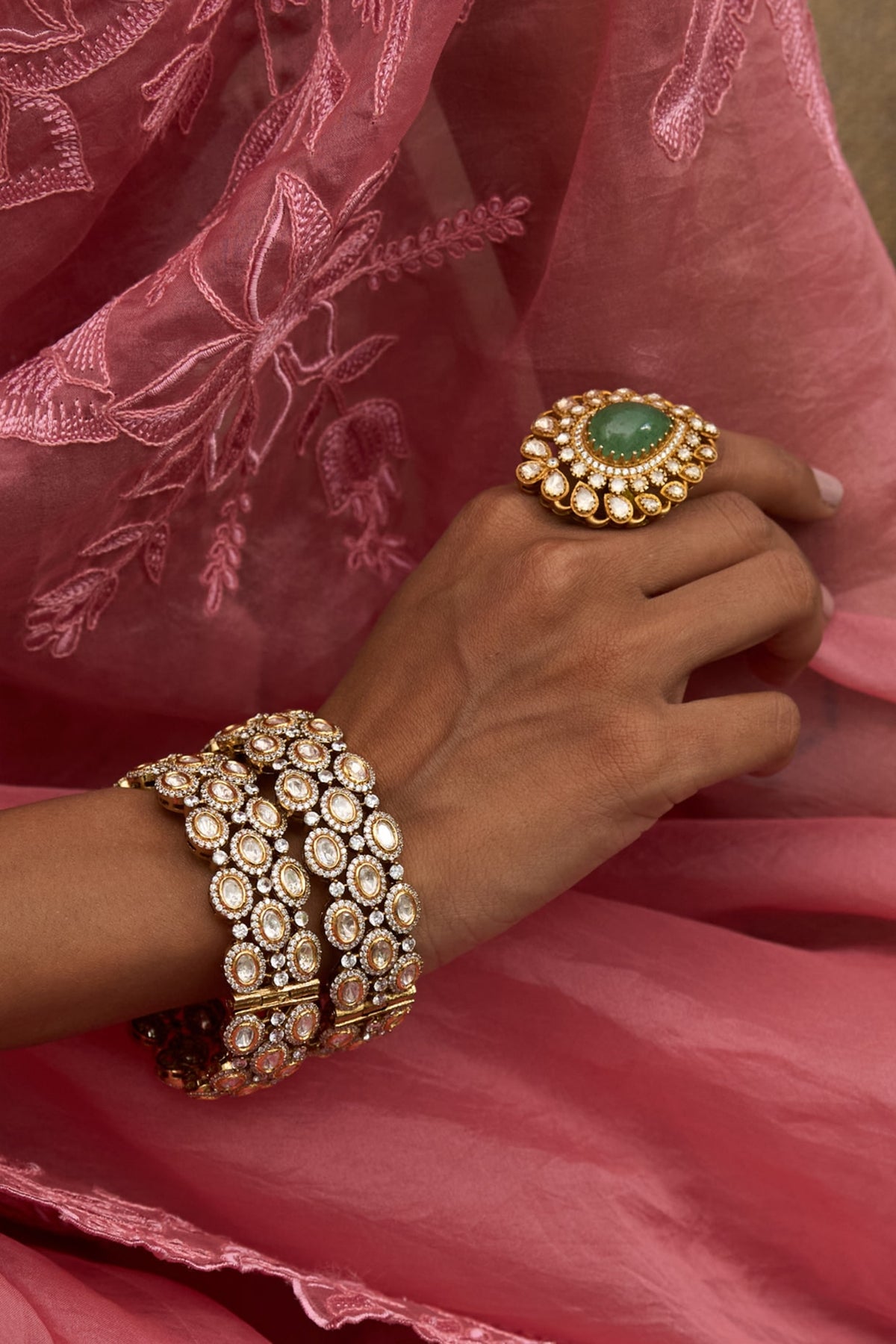 Antique Gold Finish Kundan Polki Bangles (Set Of 2)
