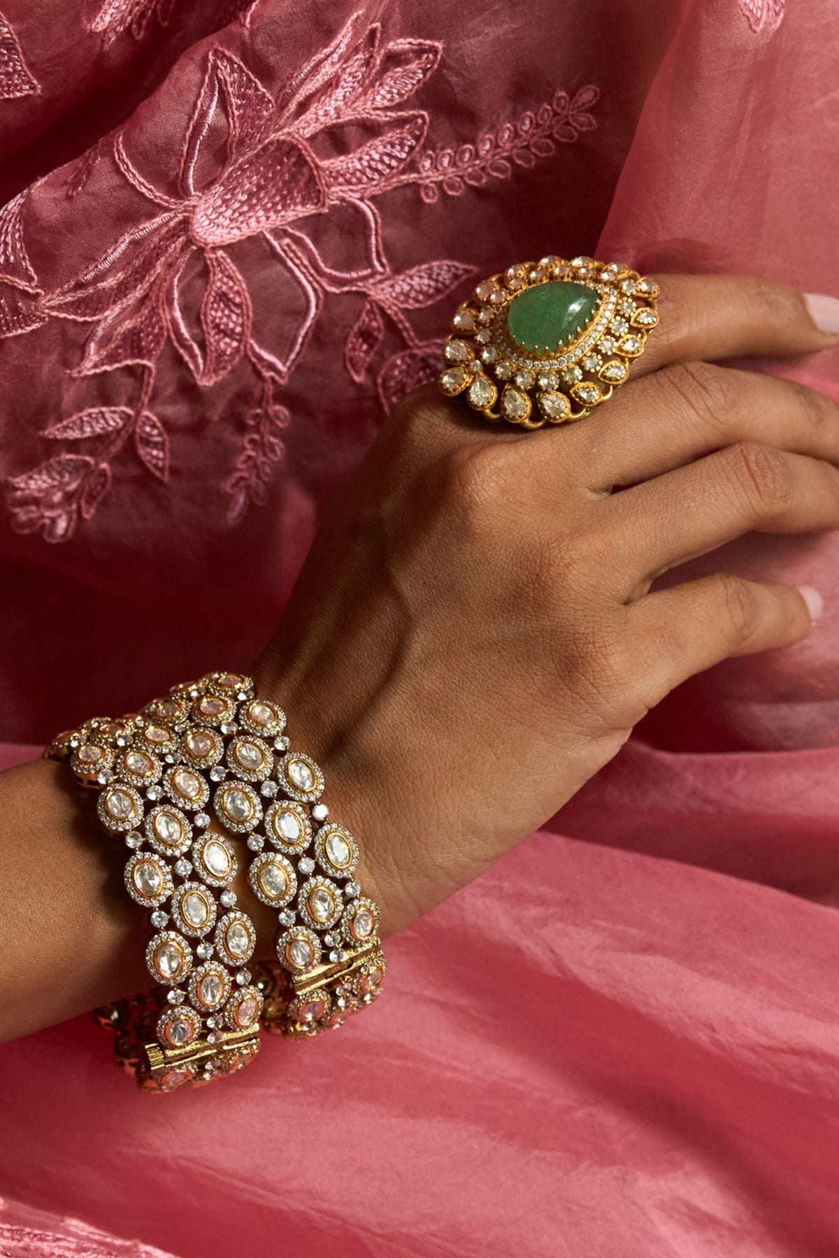 Antique Gold Finish Kundan Polki Bangles (Set Of 2)