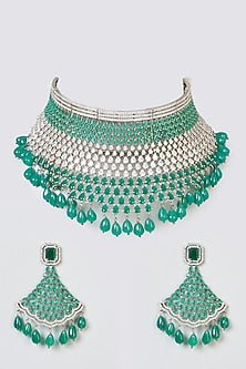 Silver Finish Green Zircons Necklace Set