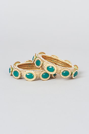 Gold Finish Emerald Bangles (Set of 2)